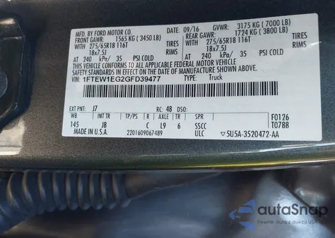 2016 Ford F-150 Xlt z USA, uszkodzony, nr VIN 1FTEW1EG2GFD39477